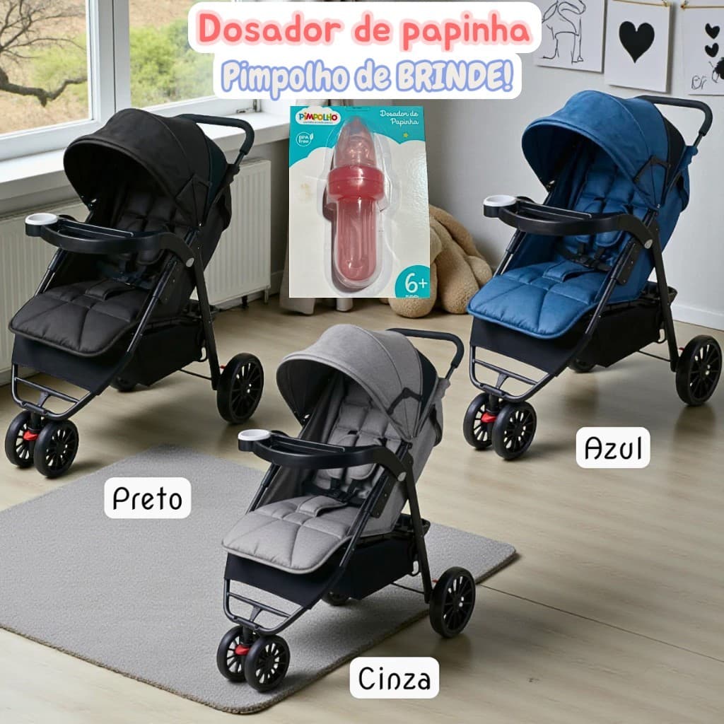 Carrinho de Bebê Passeio Assento Acolchoado Reclinável Até 20kg Com Porta Copos +BRINDE