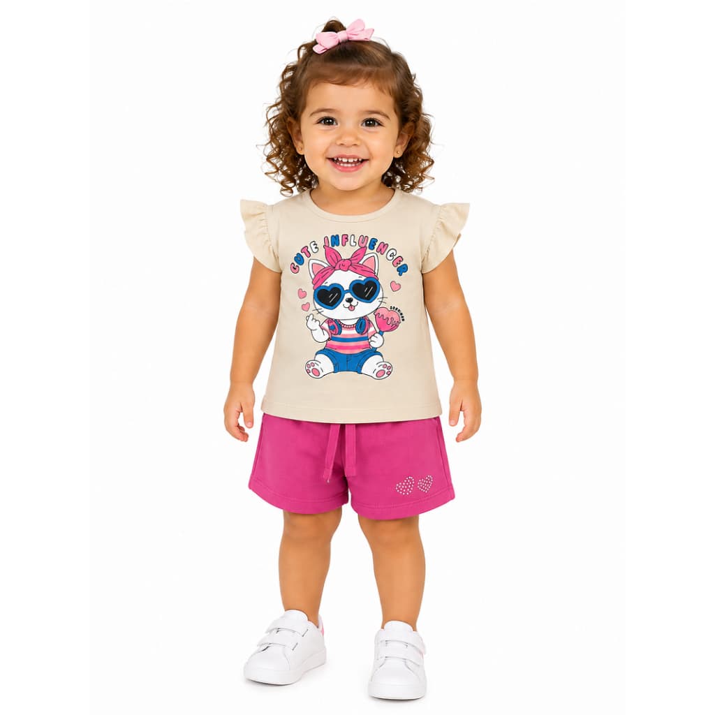 Conjunto Menina Infantil Blusa De Viscolycra Shorts Com Strass Moda Feminina Casual Verão Look