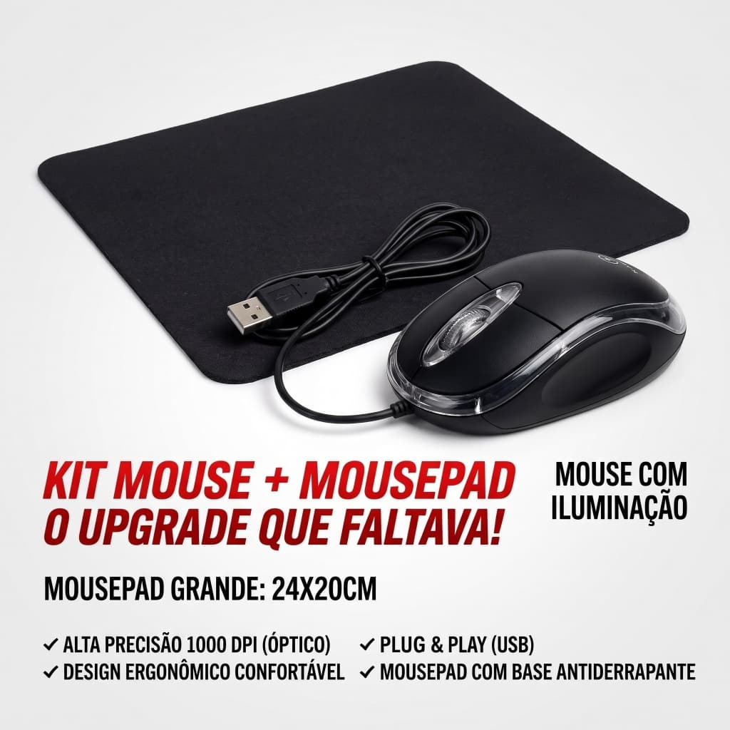 Kit Mouse USB Com Fio Kapbom KA-601 + Mouse Pad Gamer 24x20cm Alta Precisão Plug & Play