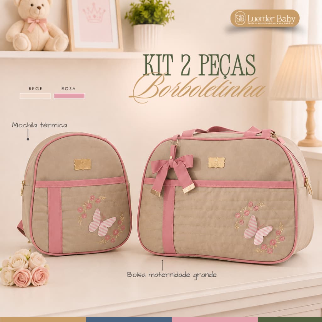 Kit Bolsa Maternidade Mala de Luxo Com Duas Peças Borboletinha Luender Baby