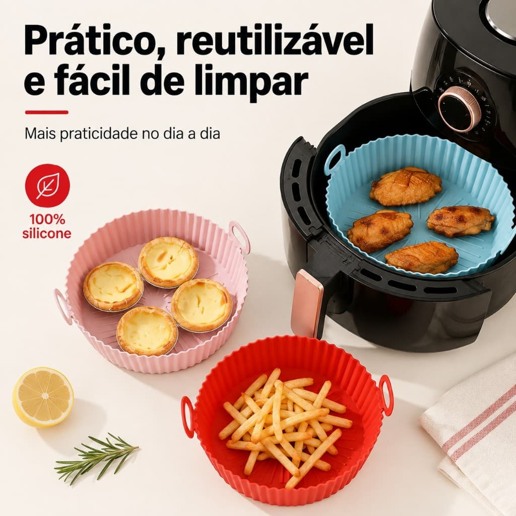 Kit Forma de Silicone para Air Fryer 20cm Reutilizável Antiaderente Fácil de Limpar