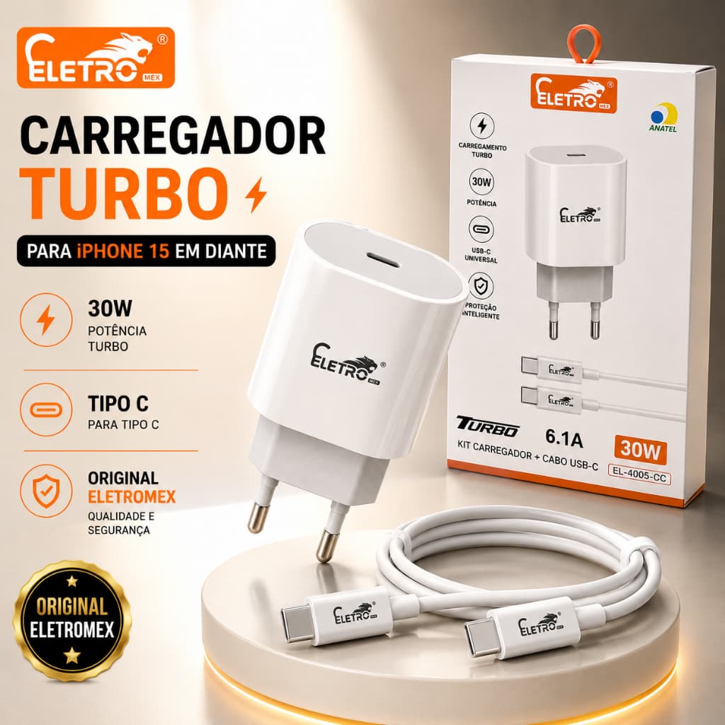 Carregador Original Para iPhone Eletromex Turbo 30W Com Cabo Tipo C USB-C 15 16 17 Pro Max