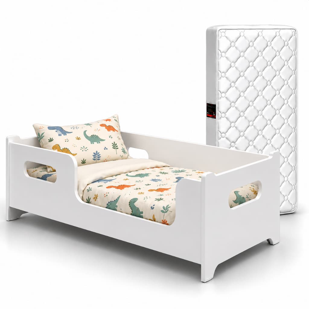 Cama Infantil Montessoriana Encanto Branco Rosa Com Colchão Incluso Grade De Proteção Menino Menina Conforto Qualidade