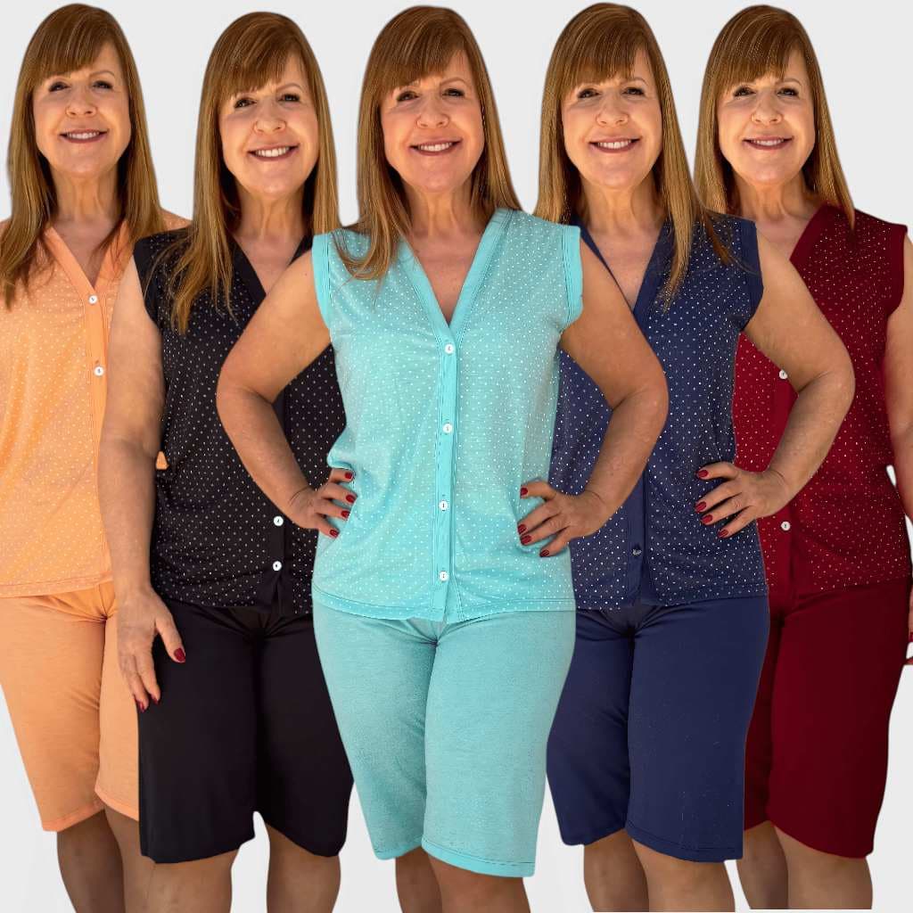 Kit 5 Pijama Pescador Aberto com Botão Senhora Poá Conjunto Amamentar Cirurgia Gestante Bermuda Blusa sem Manga