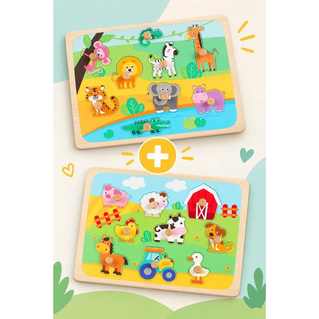Kit com 2 Quebra Cabeças Infantil Madeira com Pinos Animais Montessori