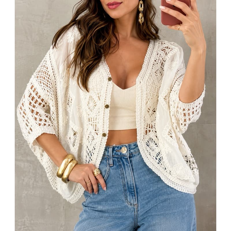 Cardigan Feminino de Algodão Crochê Vazado Floral com Botões – Leve e Versátil