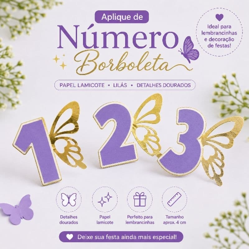 kit Aplique Número Borboleta  lilás e Dourado | Lamicote | Jardim das Borboletas | Lembrancinha Festa Infantil