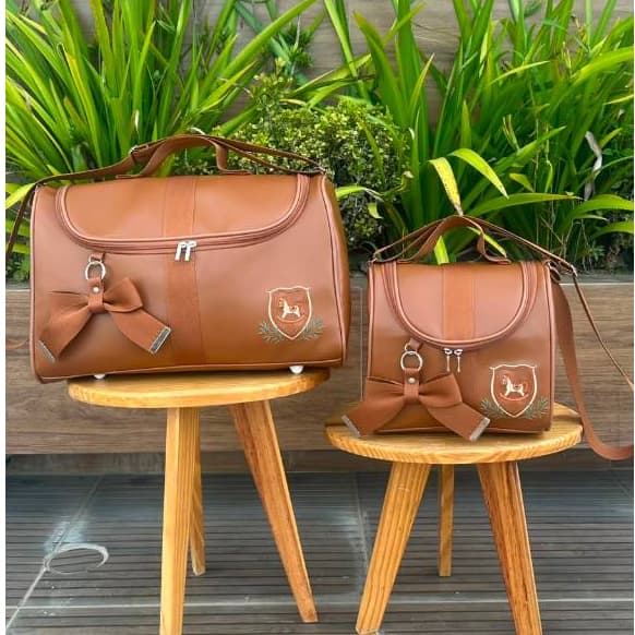 bolsa maternidade morrom/caramelo kit 2 peças baú G e baú M