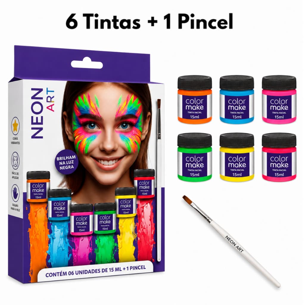 Tinta Facial Neon Kit 6 Cores 15ml + Pincel Fluorescente UV Festa Maquiagem Brilha Escuro