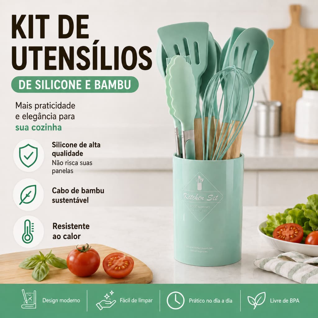 Kit 12 Peças Utensílios de Cozinha em Silicone com Cabo de Bambu e Suporte, Resistente ao Calor