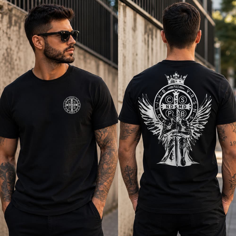 Camiseta Masculina São Bento Medalha Católica Religiosa Streetwear Camisa Preta Fé Proteção Estampa Frente e Costas