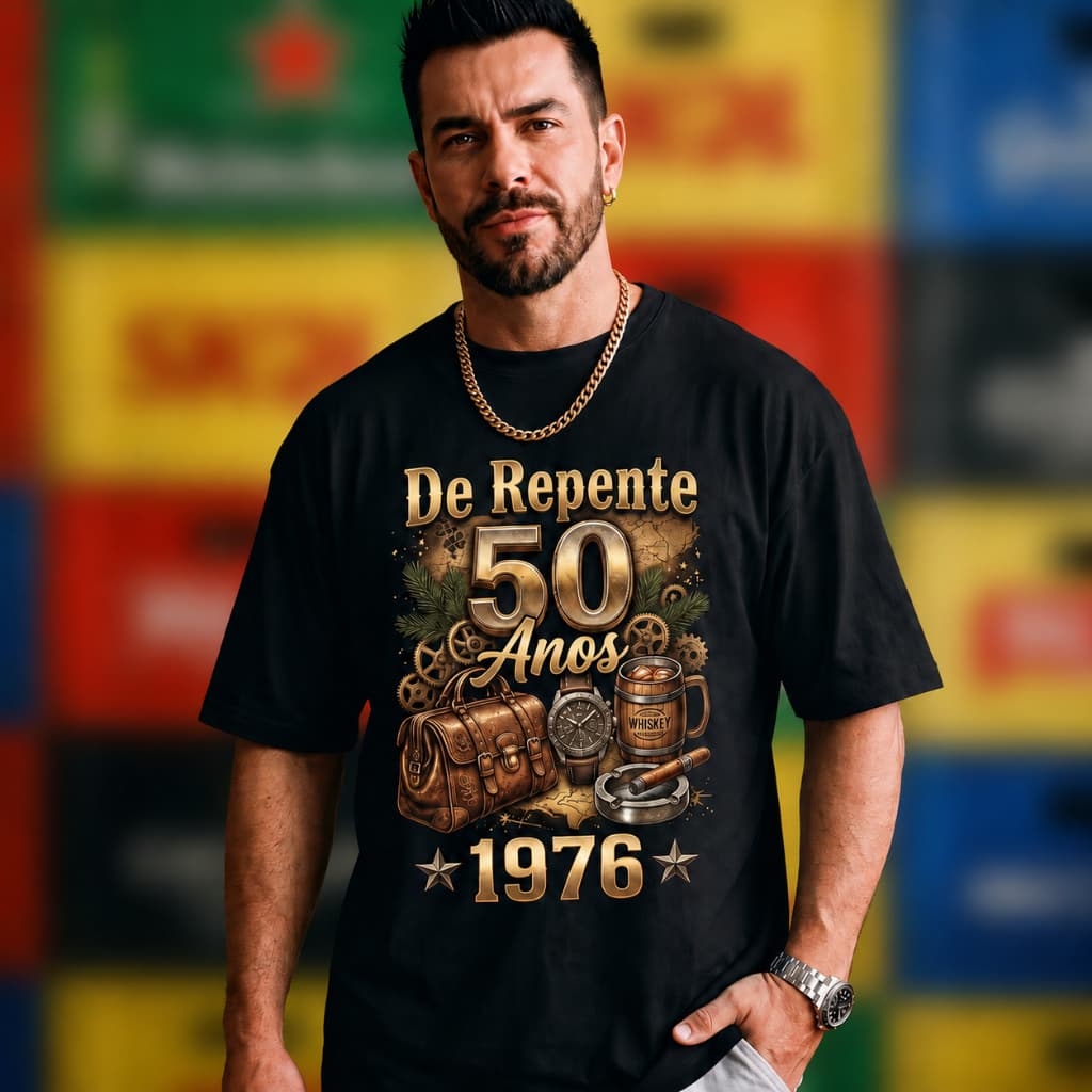Camiseta Presente De Repente 50 Anos 1976 Vintage 100% Algodão Penteado Estampa Grande Profissional Unissex