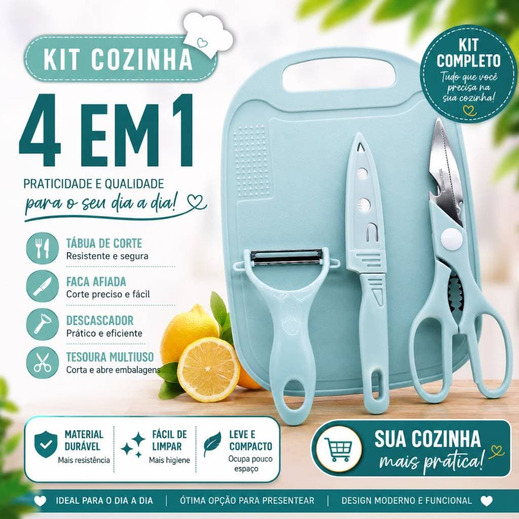 Kit Utensílio de Cozinha 4 Peças - Tábua, Faca,Tesoura, Descascador