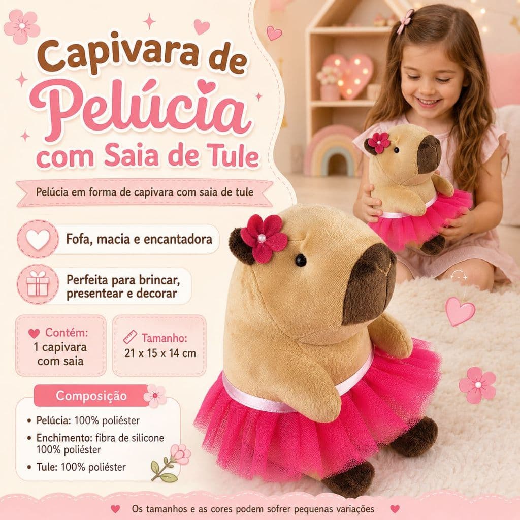 Capivara de Pelúcia com Saia de Tule 21cm Fofinha Macia Boneca Infantil Presente Decoração