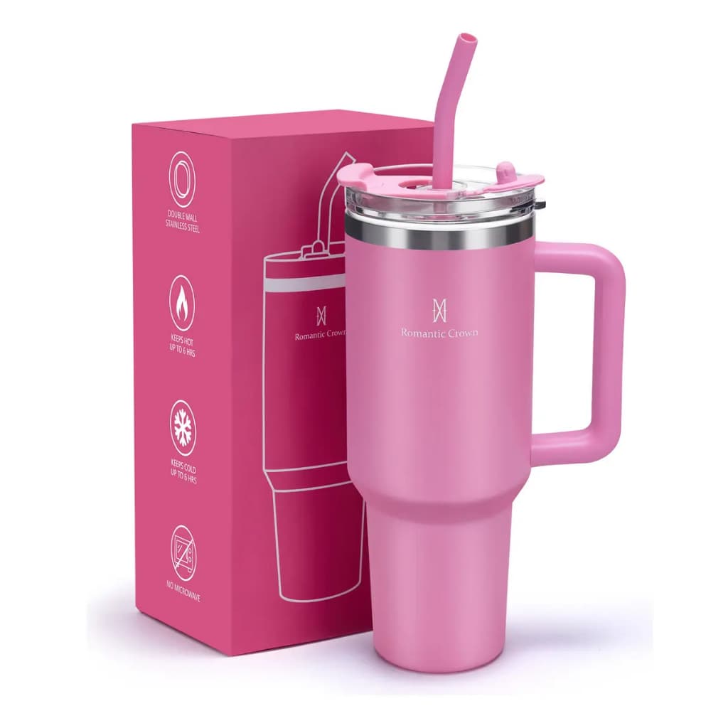 Copo Térmico Inox 1,2l Com Alça, Tampa, Canudo Inox E Escova Cor Rosa Lisa