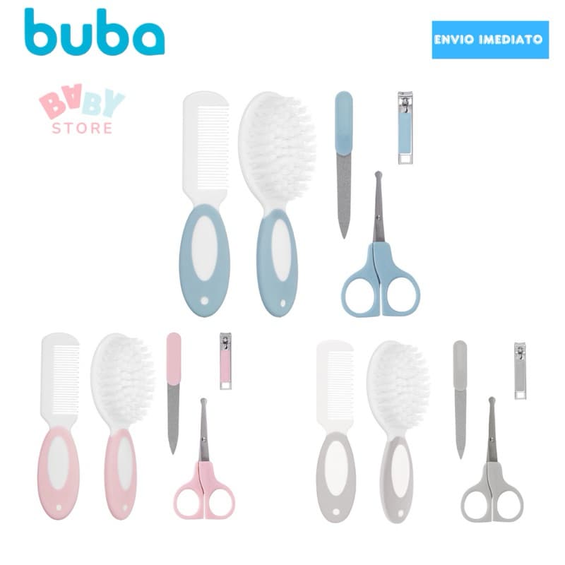 Kit Cuidados Higiene Bebê Buba Pente e Escova Cabelo + Cortador de Unha + Tesoura 5 peças Cinza Azul e Rosa