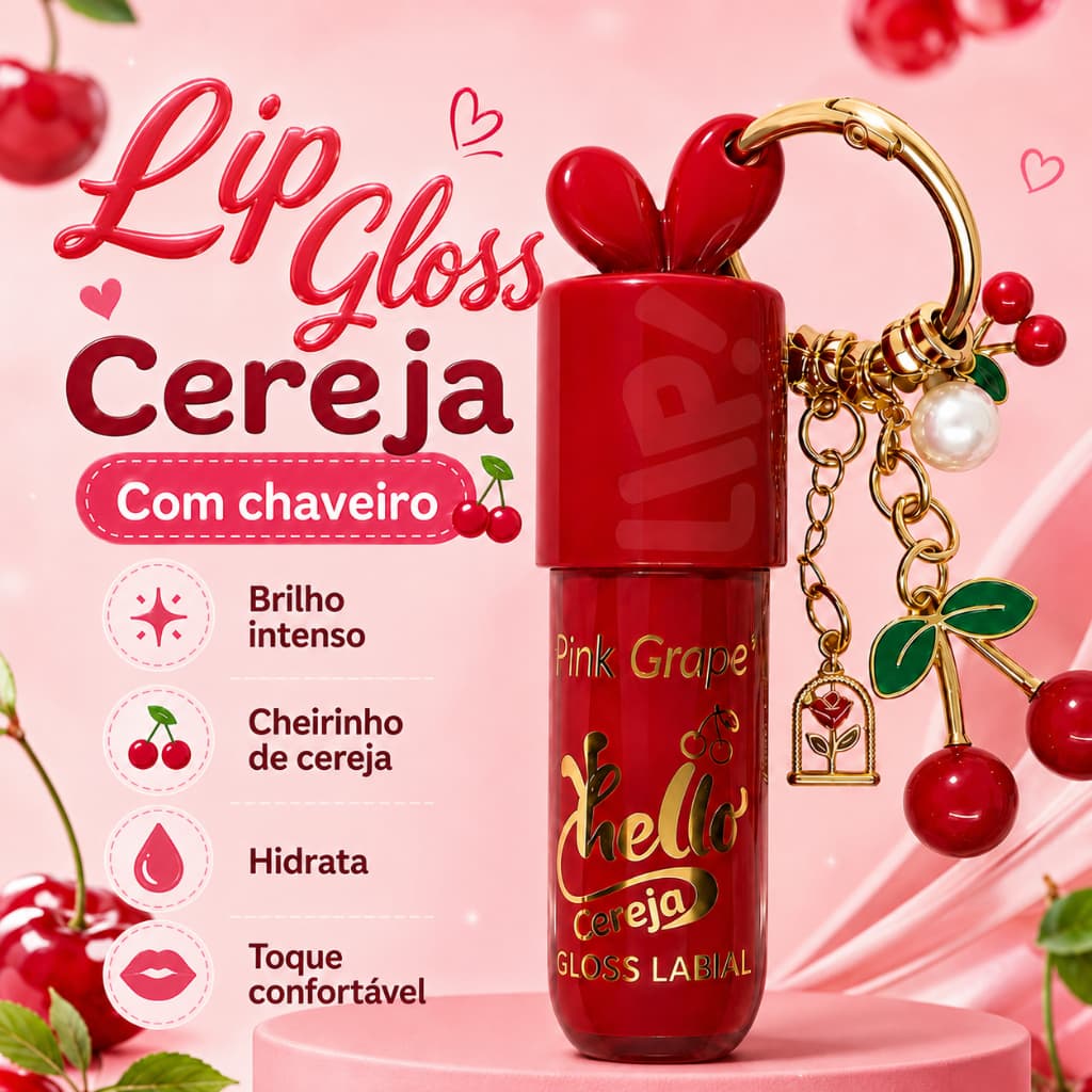Lip Gloss Cereja com Chaveiro Pink Grape Gloss Labial Cherry Brilho Intenso