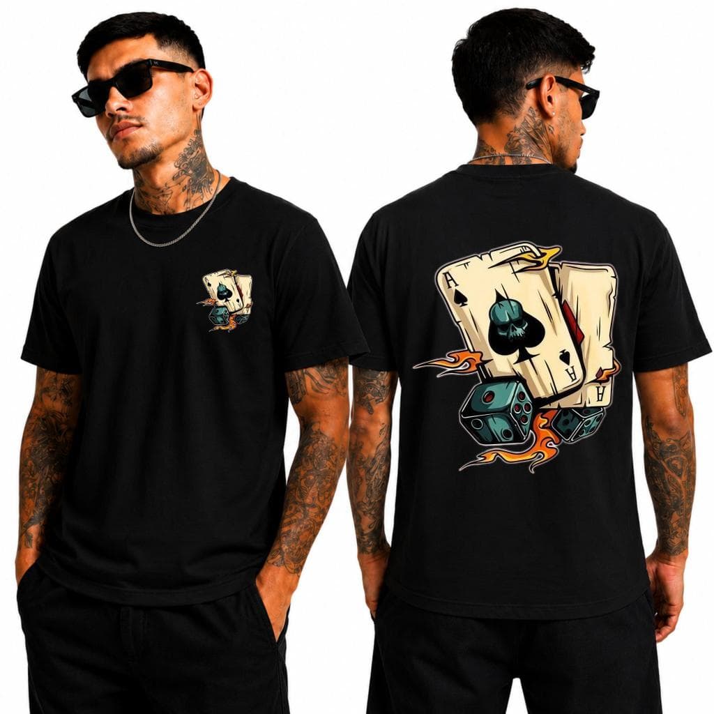 Camiseta Masculina Streetwear Estampa Cartas Caveira e Dados 100% Algodão Premium