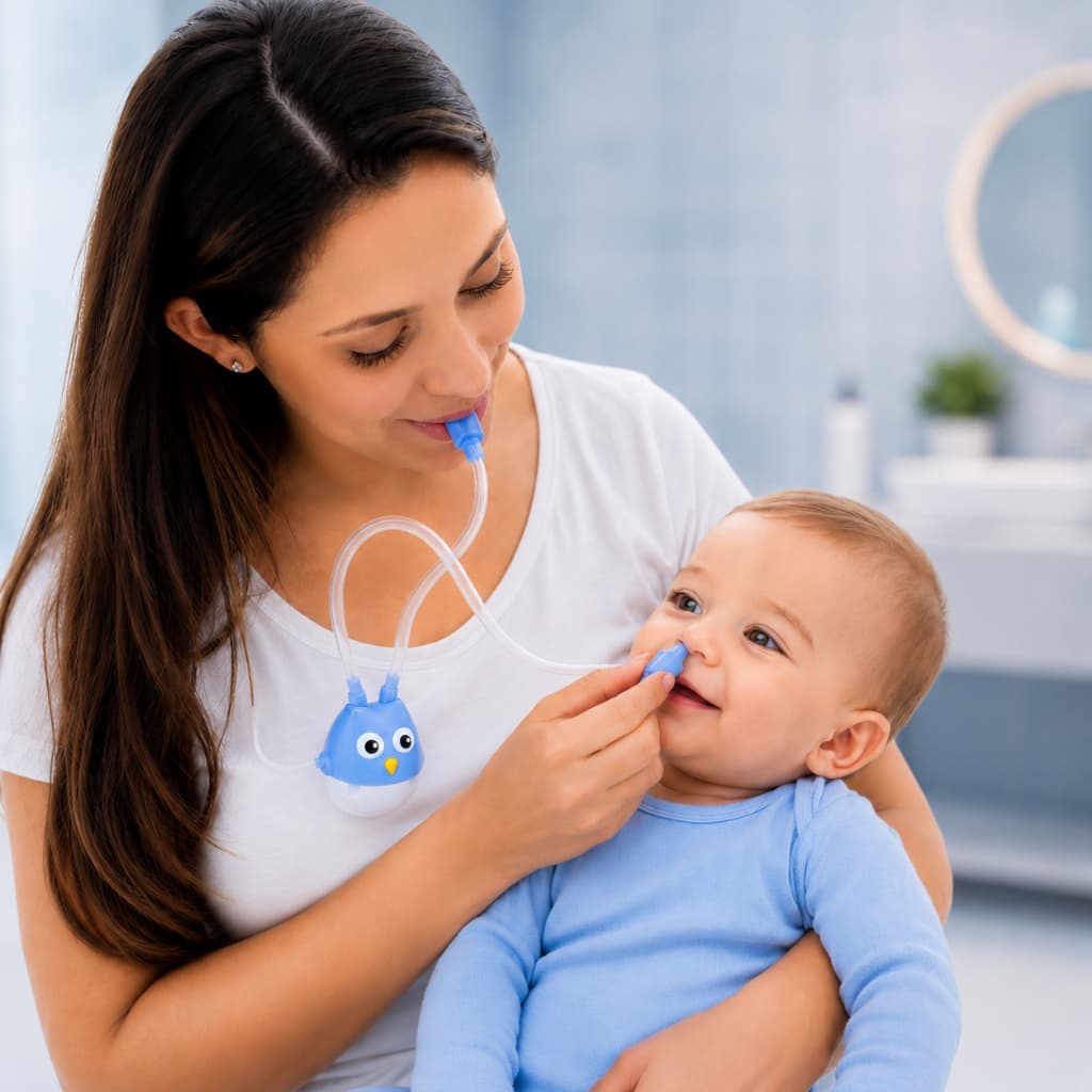 Aspirador Nasal Infantil Azul Bebê de Silicone com Sugador de Catarro Meleca Reservatório Higiênico