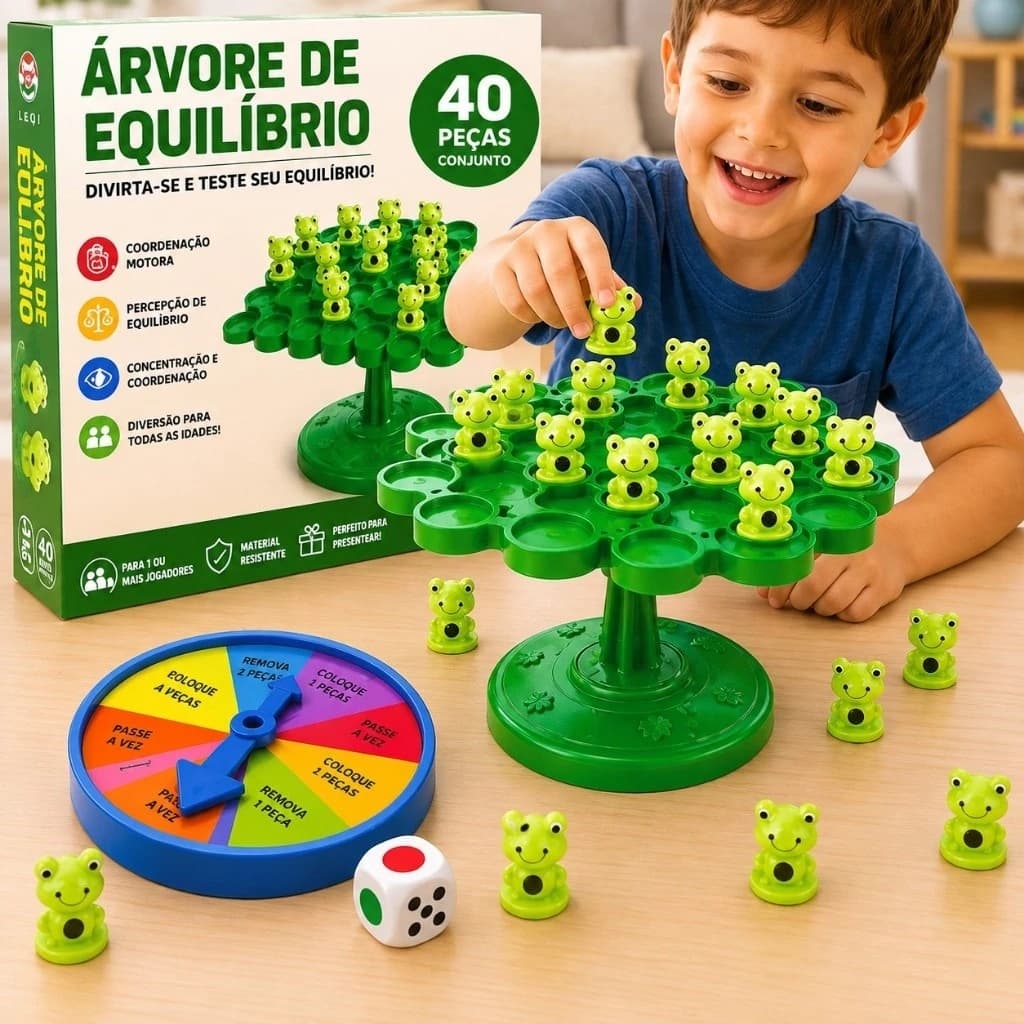 Jogo Equilíbrio de Sapos 50 Peças com Roleta Brinquedo Educativo Infantil Coordenação Motora