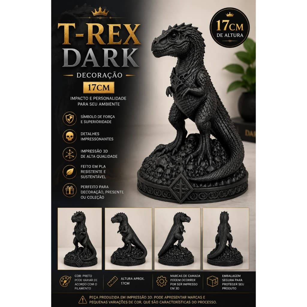 T-Rex Dark Decoração 17cm – Estátua de Dinossauro em Impressão 3D