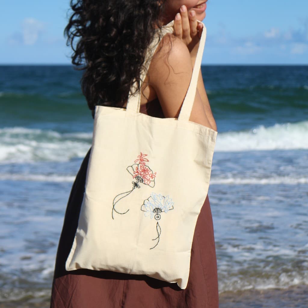Ecobag Bordada Feminina em Algodão Cru Bolsa Tote com Bordado Floral Artesanal 30x40