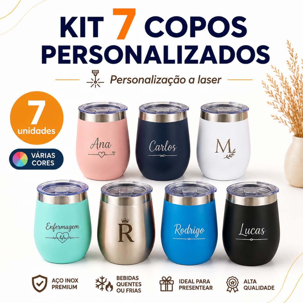 Kit 7 Copos Térmicos Cuia 360ml Inox Personalizados a Laser Brinde Corporativo Evento Casamento Formatura