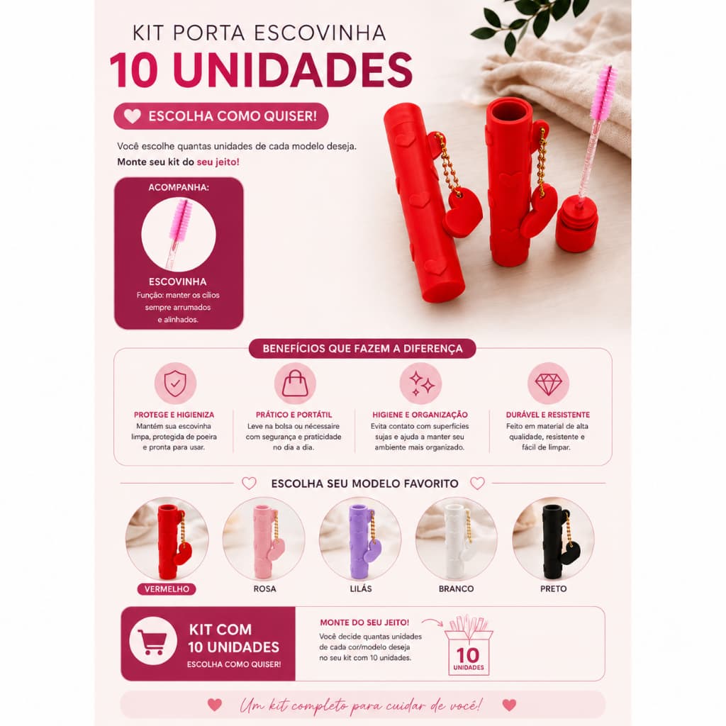 KIT 10unidades Porta Escova de Cílios com Tampa Estojo para Escovinha Lash Designer Extensão de Cílios Maquiagem