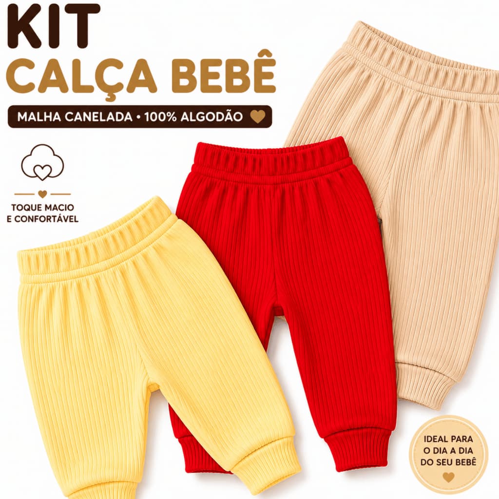 Kit 3 Calça Bebê Mijão Culote Malha Canelada 100% Algodão Com Punho Sem Pé Cores Lisas Menino Menina Unissex Neutro