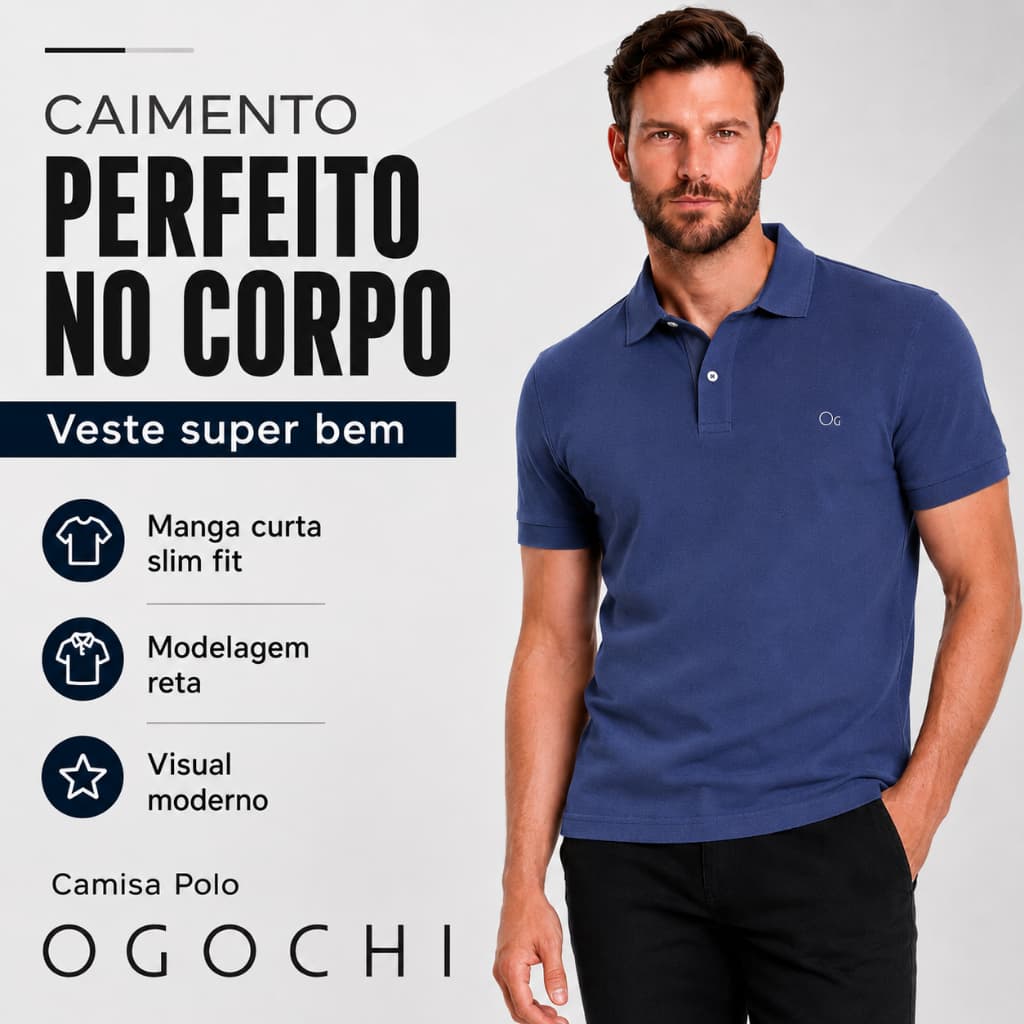 Camiseta Polo Masculina OGOCHI Original 100% Algodão Manga Curta Slim Fit Casual Premium