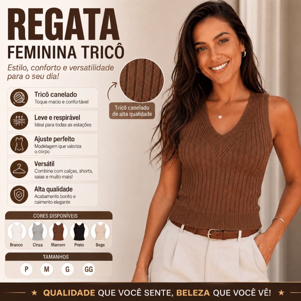 Blusa Regata Tricot Modal Feminina Gola Alta Social Trabalho acabamento premium lisa trança alça
