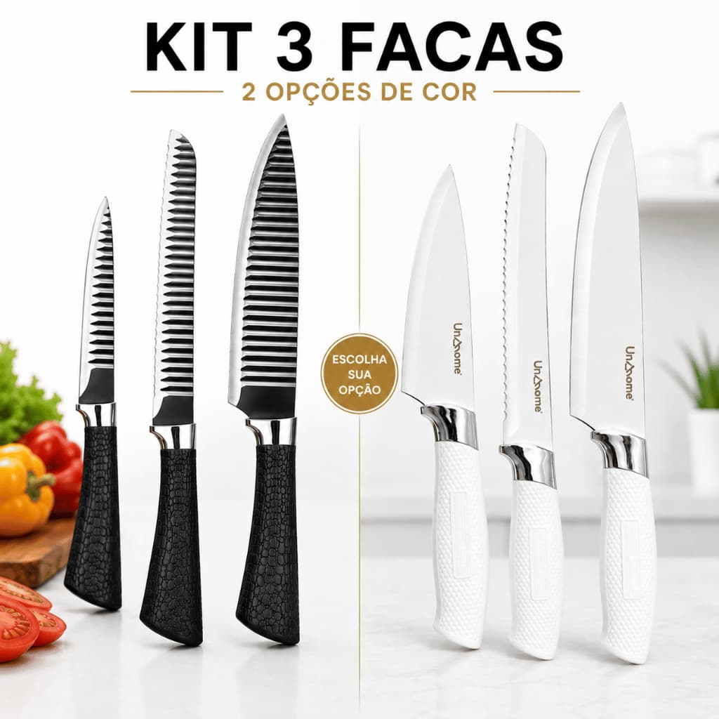Kit 3 Facas Cozinha Churrasco Pão Profissional Aço Inox Antiaderente Estojo