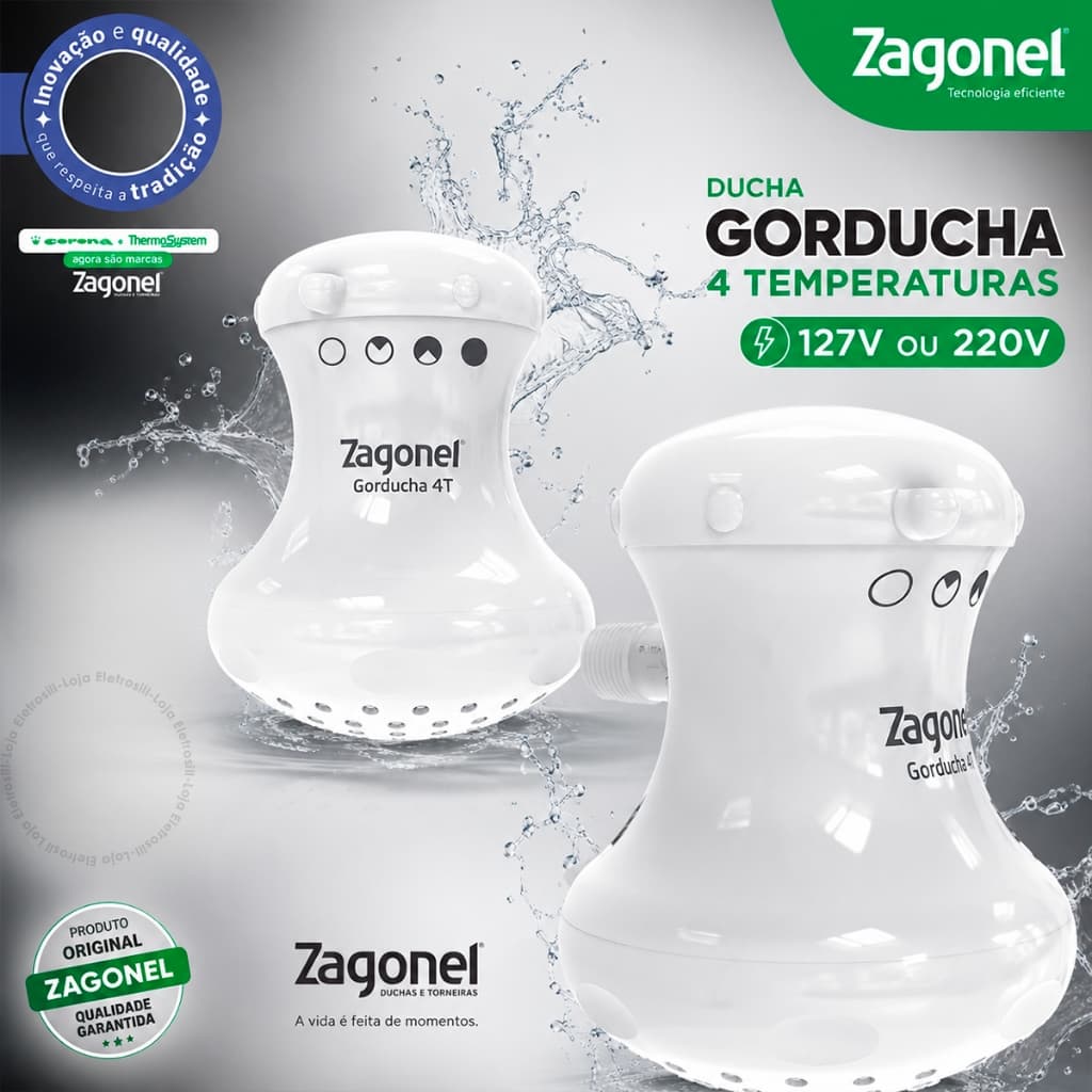 Chuveiro Elétrico Ducha Gorducha Zagonel 4 Temperaturas Branco 127V/220V 5450W/5700W
