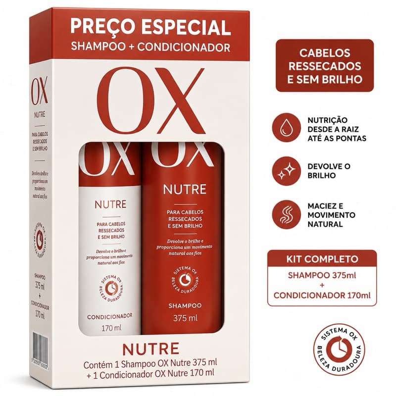 kit OX Nutre Shampoo 375ml e OX Condicionador 170ml  Cabelos Ressecados e Sem Brilho OX Nutre