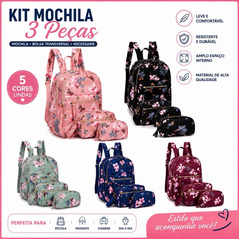 Kit Mochila Feminina Juvenil 3 Peças Escolar Faculdade + Bolsa Transversal e Necessaire