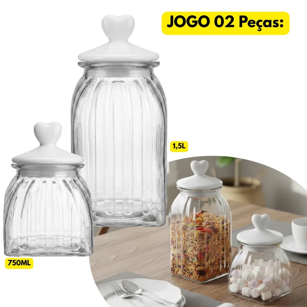 Jogo Kit 02 Peças Potes C/ Tampa Cerâmica Coração Branco Vidro 1,5L+ 0,75L Transparente Armazenar