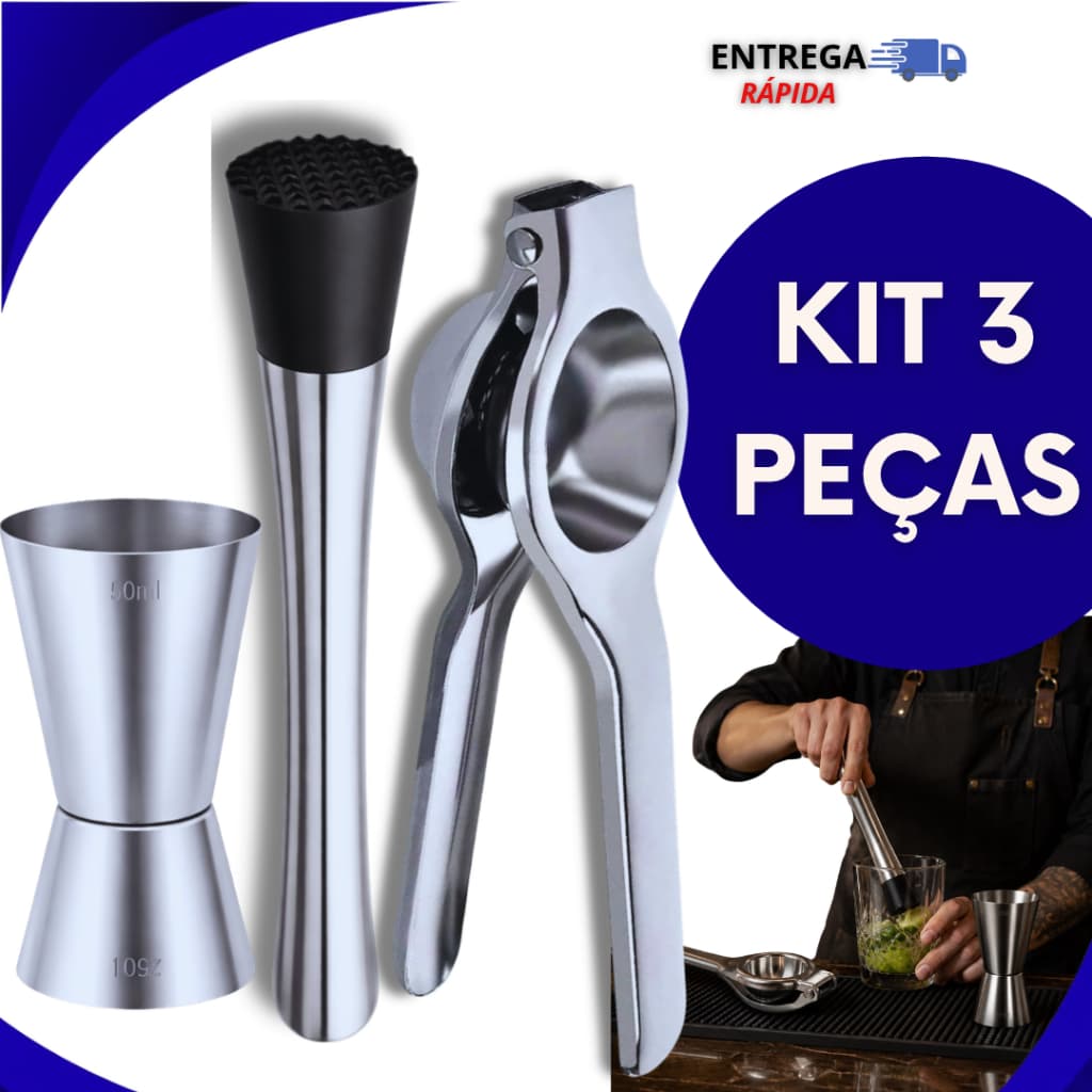 Kit 3 Peças Em Inox Com Socador + Espremedor De Limão + Dosador De Bebidas Para Presente Ou Dia a Dia
