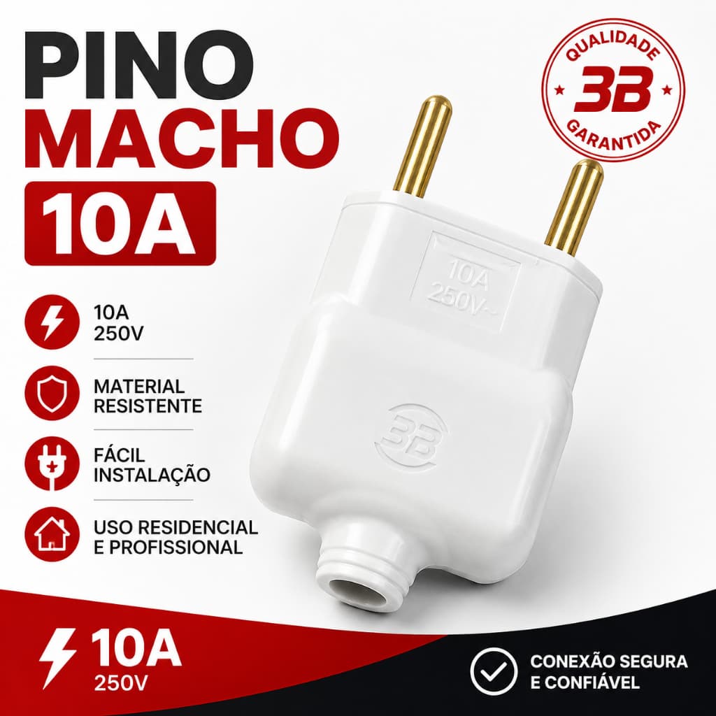Plugue Pino Macho 10A 250V 2P Tomada Elétrica Branco Reforçado para Cabo Fio
