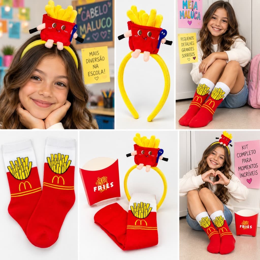 Meia Maluca Tiara Cabelo Maluco - Batata Frita - Infantil Adulto Escola ou Kit Presente Divertido