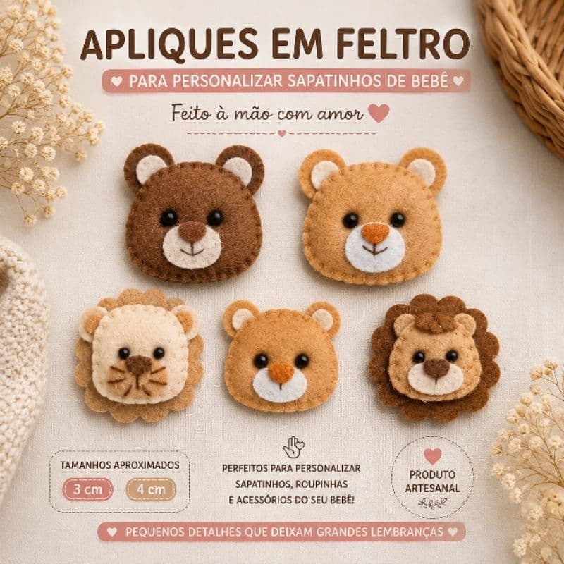 Kit de Apliques em Feltro Safari Baby – Leão, Urso e Cavalinho | Decoração Infantil, Lembrancinhas e Artesanato