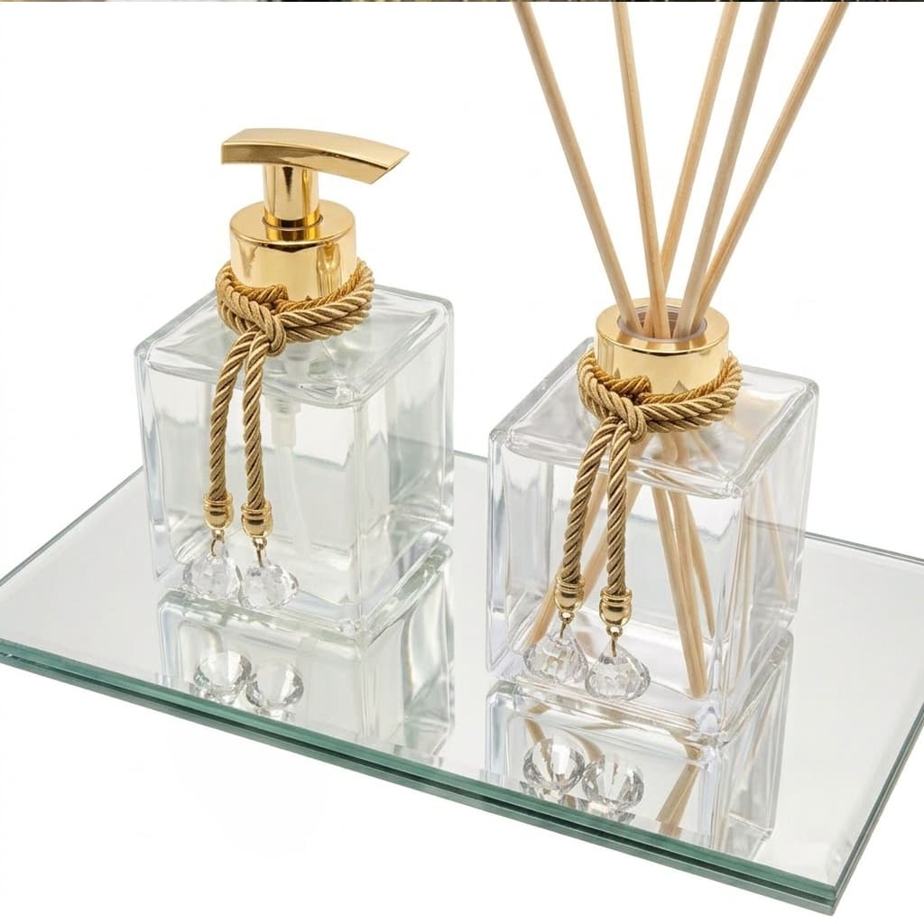 Kit Lavabo Saboneteira E Difusor Aromatizador Transparente Prata ou Dourado