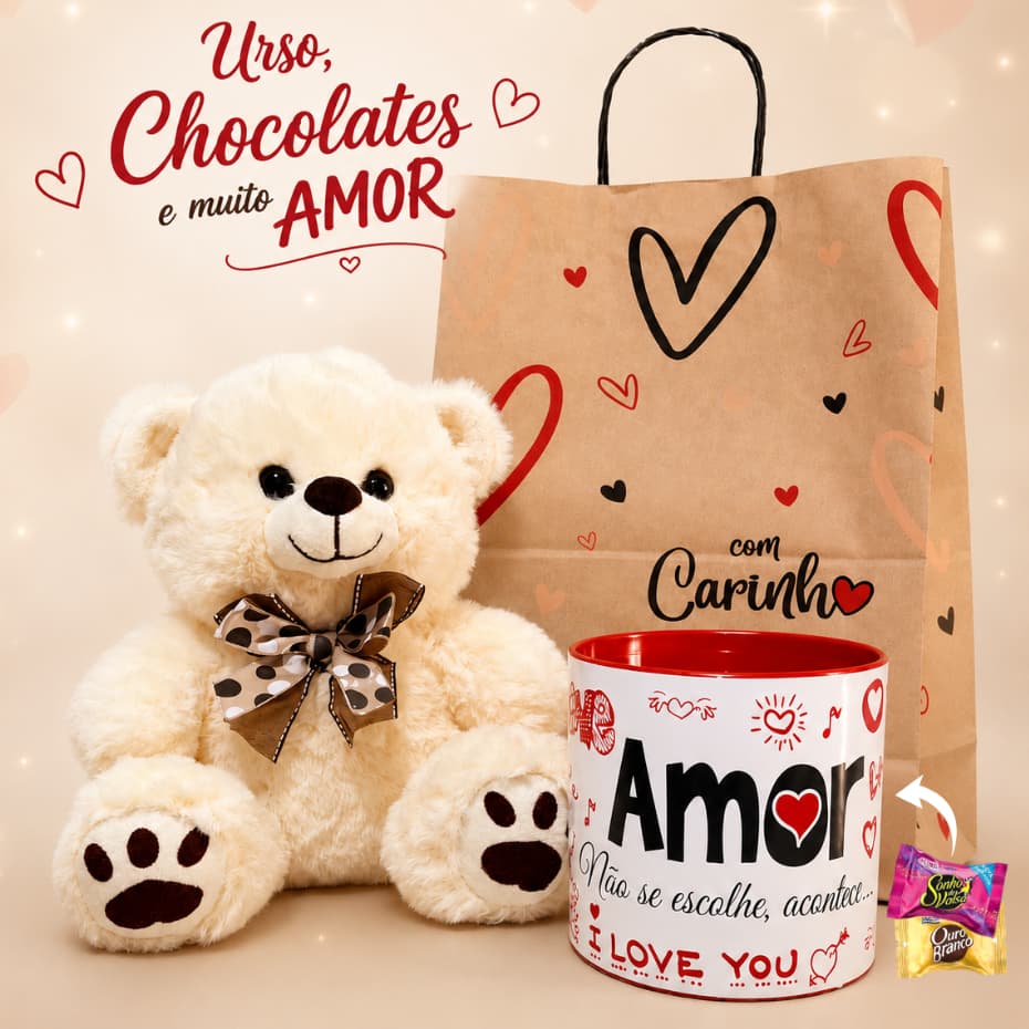 Cesta/Kit Presente Urso de Pelúcia Chocolate Coração - Namorados/Aniversário/Mãe/Professora/Amiga