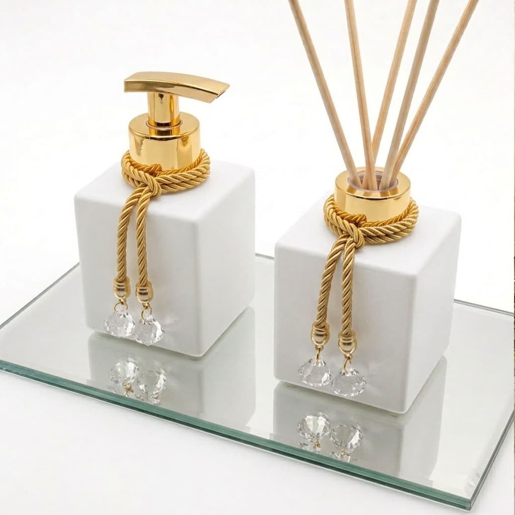 Kit Lavabo Luxo Difusor E Saboneteira Branco Ouro Ou Prata