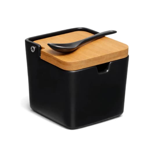 Saleiro Porcelana Preto 270ml com Tampa de Bambu e Colher | Hauskraft