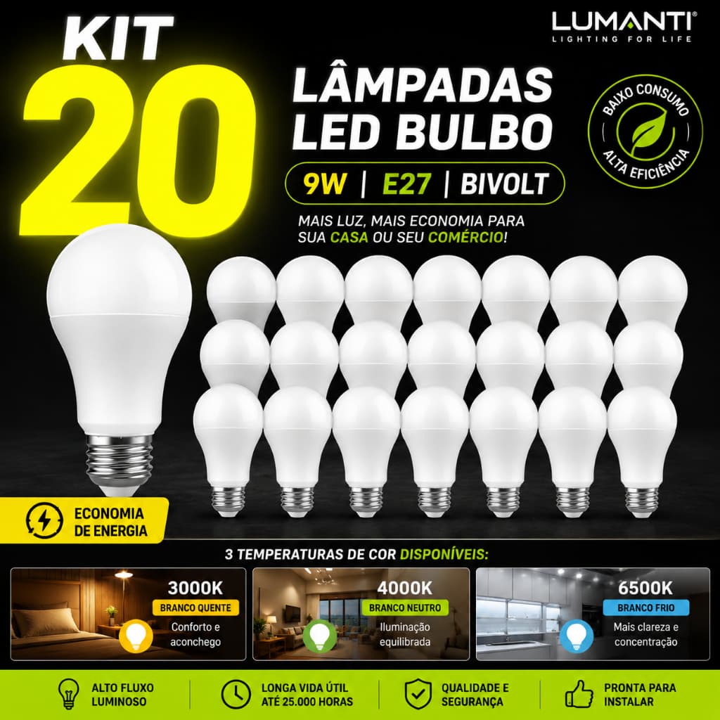 Kit 20 Lâmpadas LED 9W Bulbo E27 Bivolt 3000K 4000K 6500K Branco Frio Quente