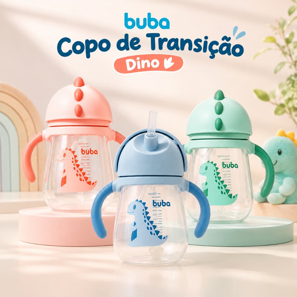 Copo Transição Dino Para Bebe Criança Com Canudo Silicone Treinamento Valvula Buba
