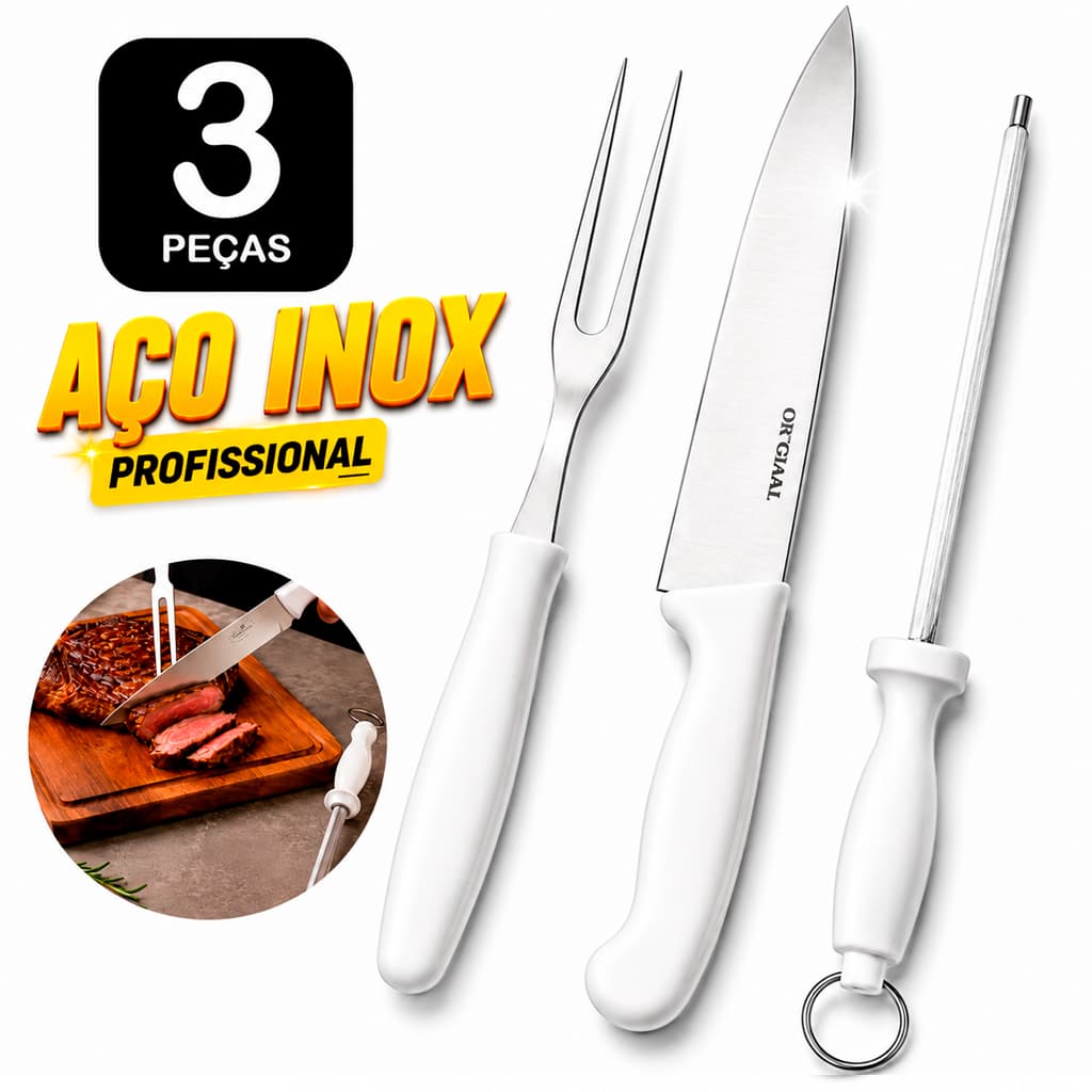 Kit Churrasco 3 Peças Açougueiro Faca Chaira Garfo Trinchante Aço Inox Profissional Original