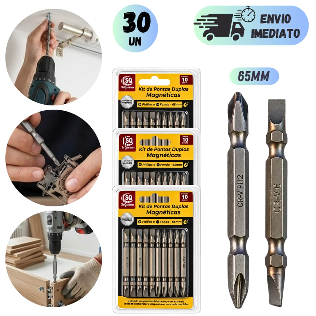 KIT PONTA DUPLA PHILIPS FENDA 65mm PONTEIRA PARA PARAFUSADEIRA E BROCAS BITS MEGNÉTICO