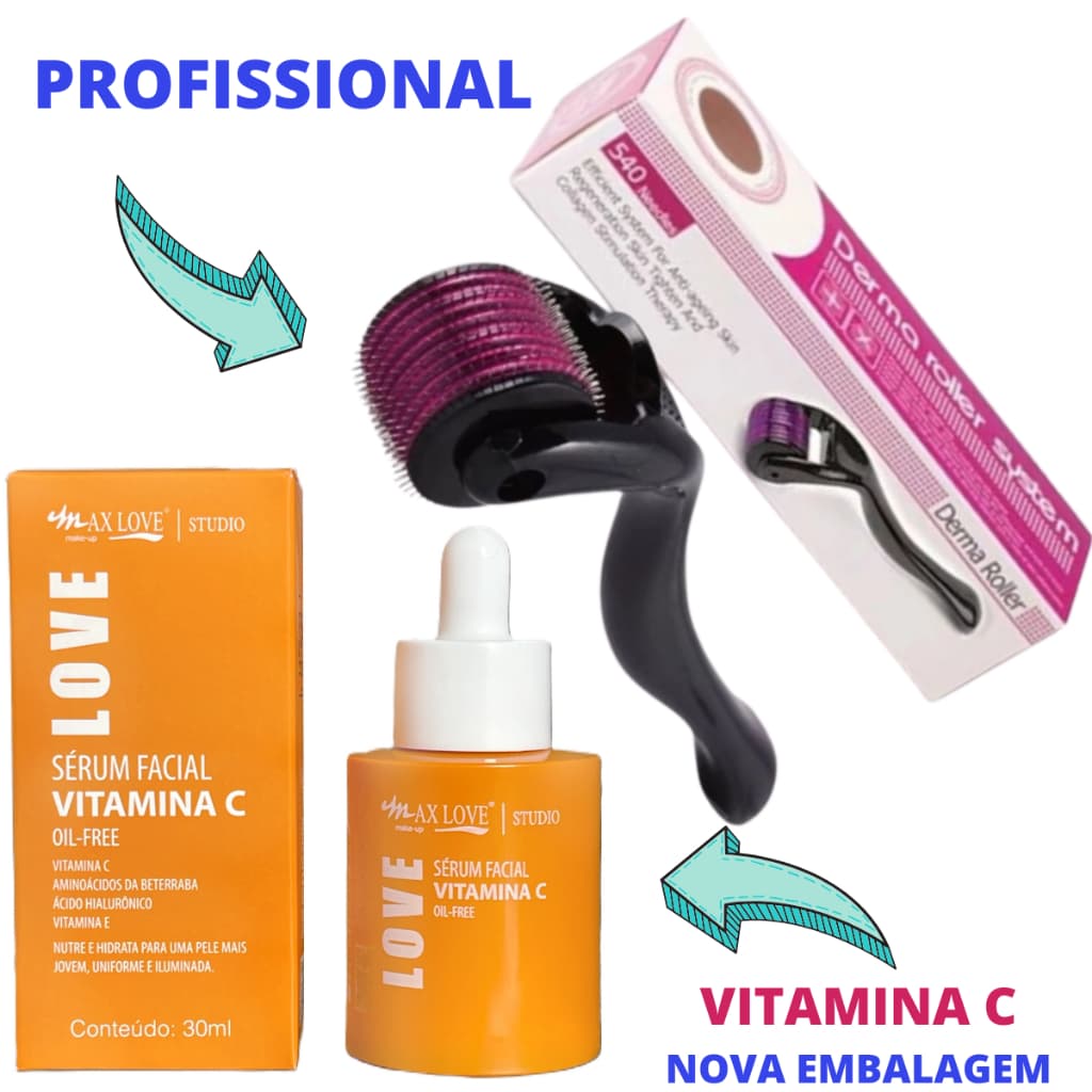 Sérum Vitamina C Kit Com Microagulhamento Dermaroller Original Profissional Para Usar em Casa