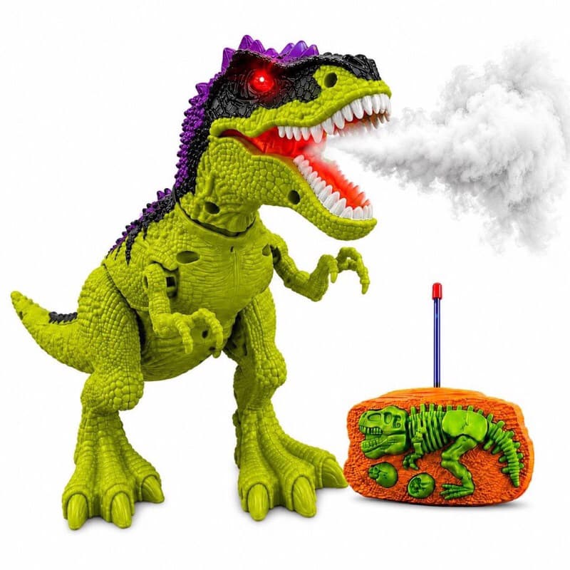 Brinquedo Menino Dinossauro Rex Com Controle Remoto Anda Solta Fumaça Emite Som e Luz